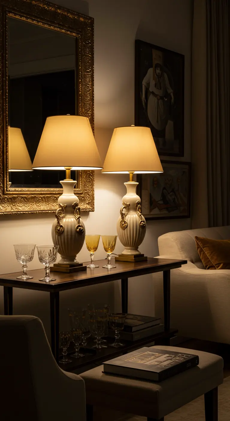 Deux lampes de table classiques identiques sur une console derrière un canapé.