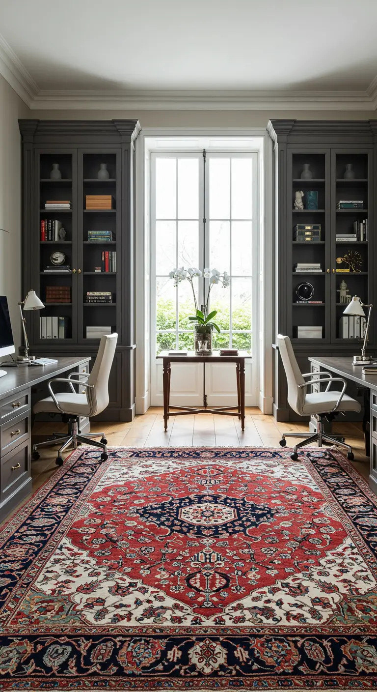 Bureau double parfaitement symétrique avec deux bibliothèques grises se faisant face.