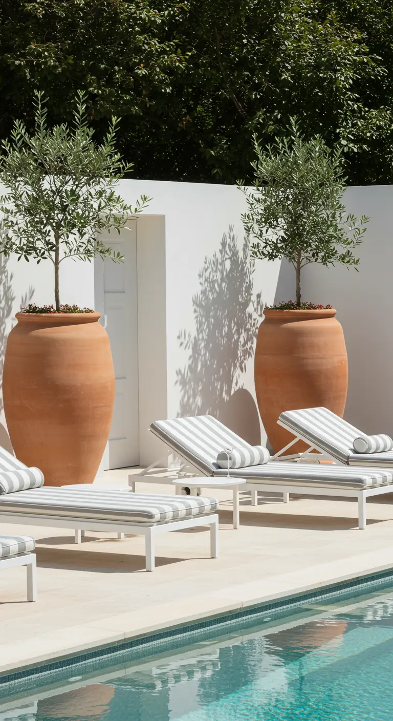 Piscine bordée de chaises longues rayées et de grands oliviers en urne.