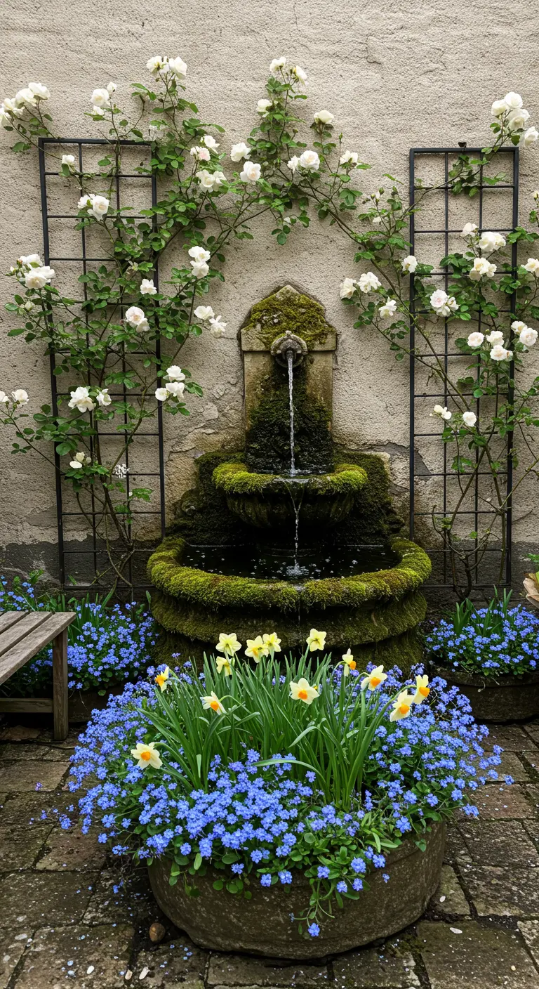 Fontaine en pierre moussue avec des rosiers blancs et des myosotis.