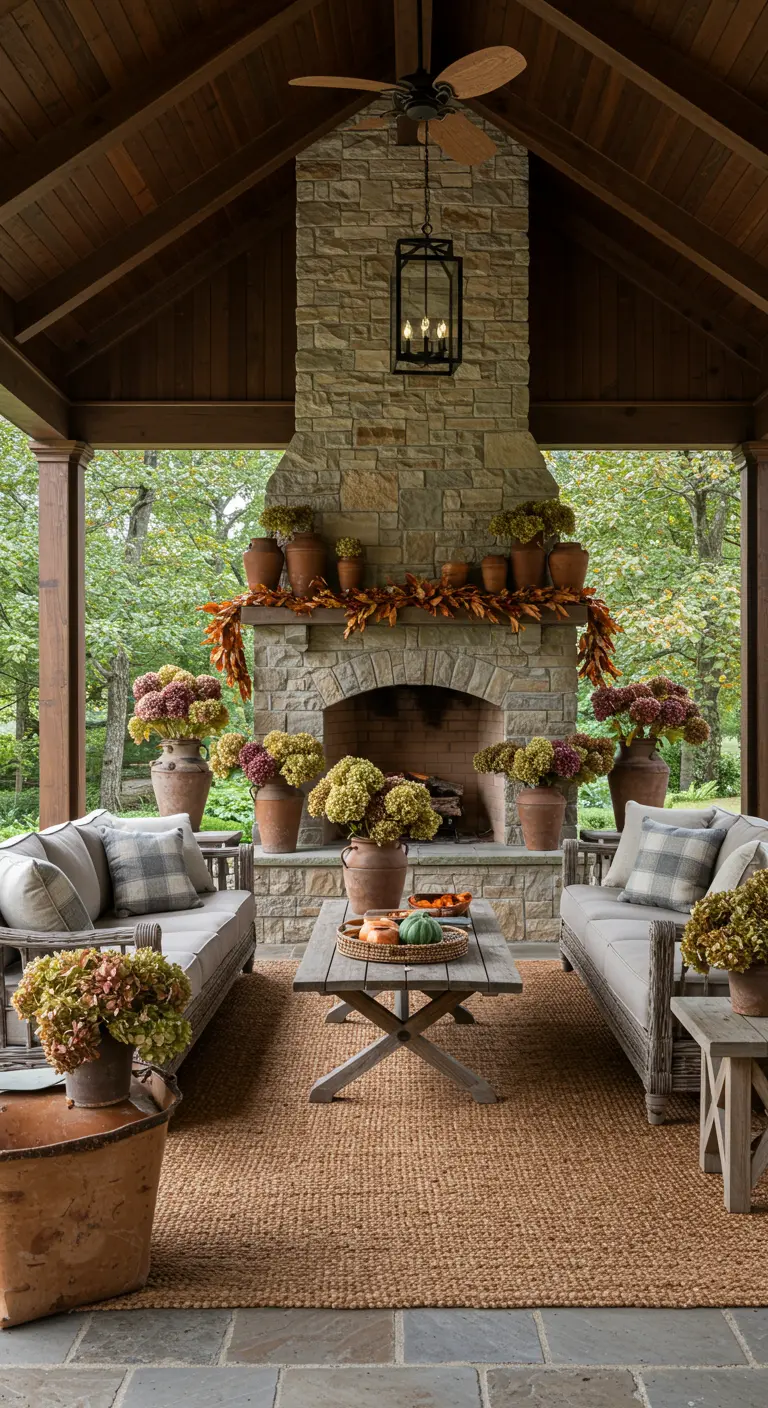 Terrasse couverte avec cheminée en pierre, décorée de nombreux pots d'hortensias.