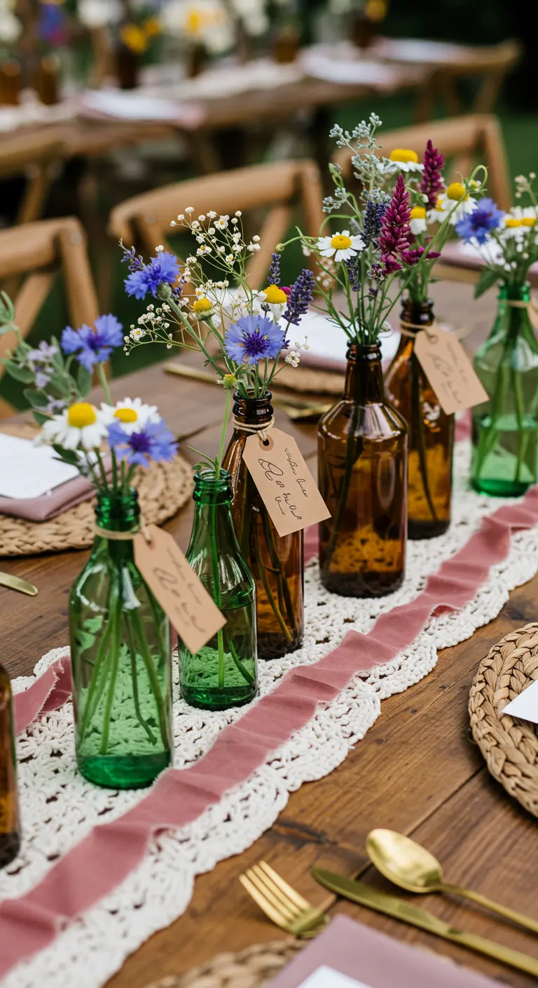 Bouteilles en verre colorées avec des fleurs des champs et des étiquettes.