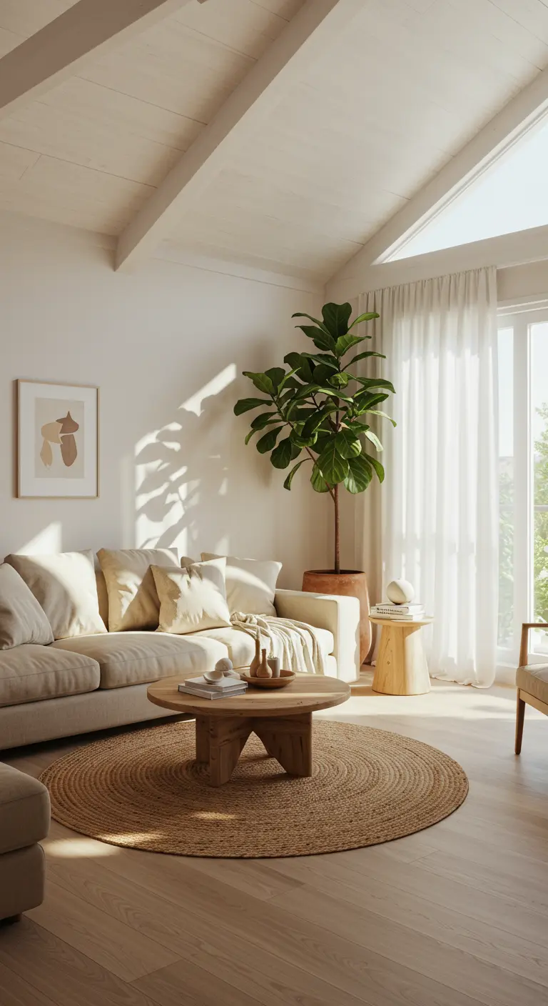 Salon bohème minimaliste avec canapé beige, tapis en jute et grande plante verte.