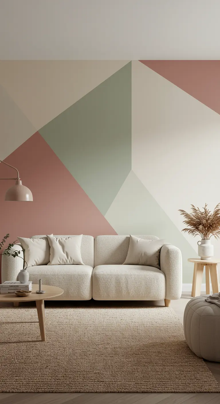 Mur d'accent avec un motif géométrique en rose poudré, vert sauge et blanc cassé.