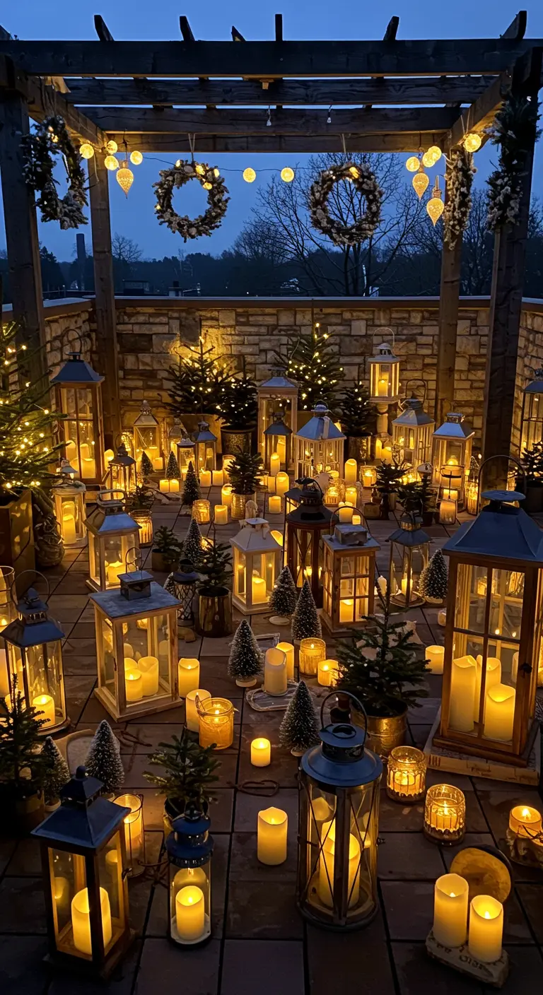 Grande terrasse avec une multitude de lanternes, bougies LED et mini-sapins illuminés.
