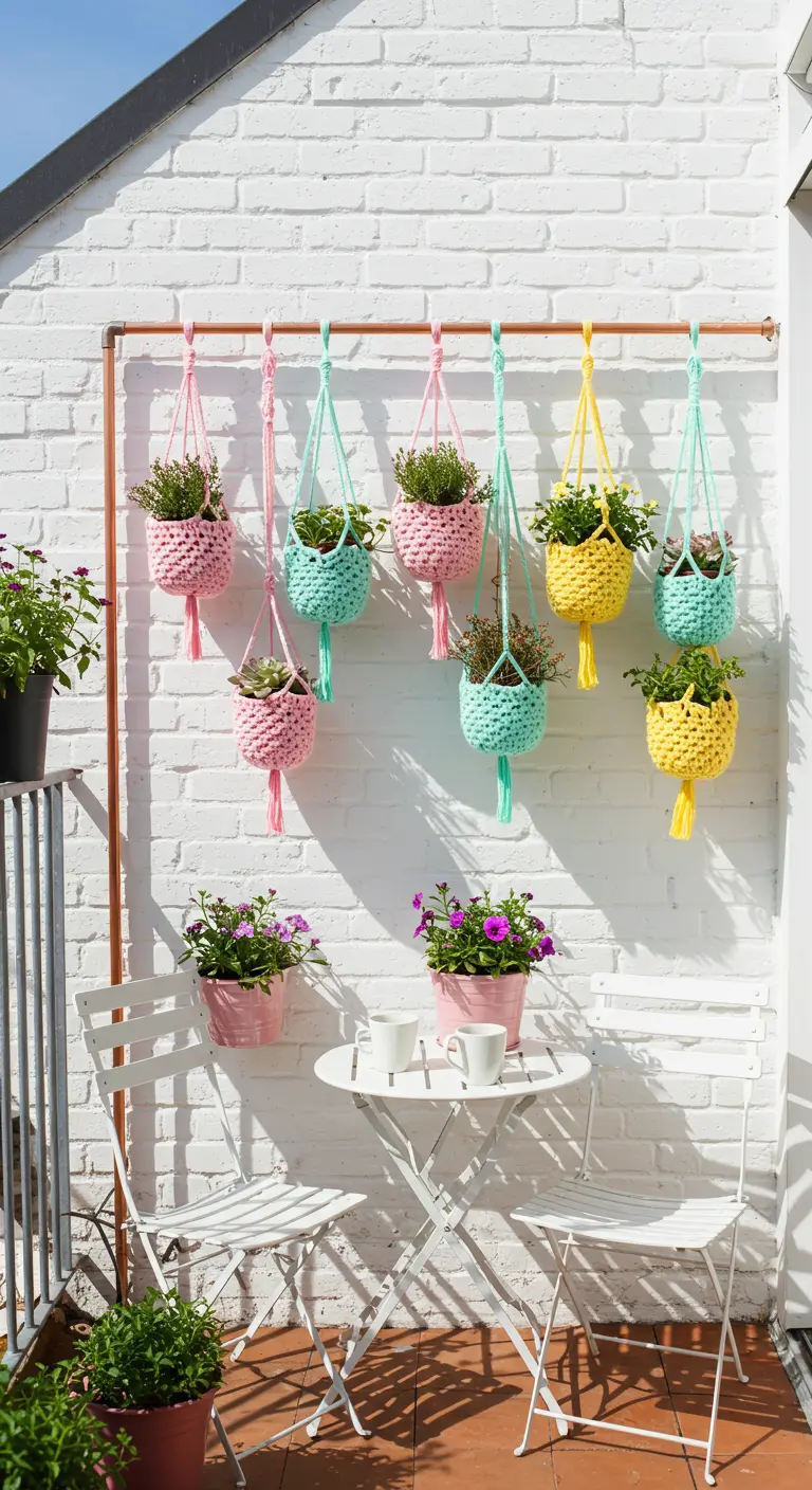 Paniers de fleurs suspendus en crochet coloré sur un mur de briques blanches.