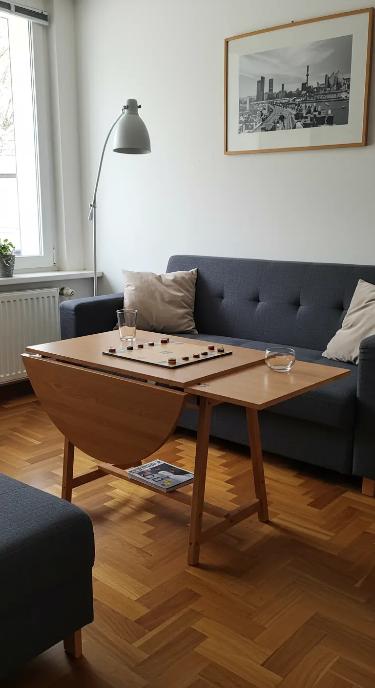 Table en bois à rabats utilisée comme table de jeu dans un petit salon.