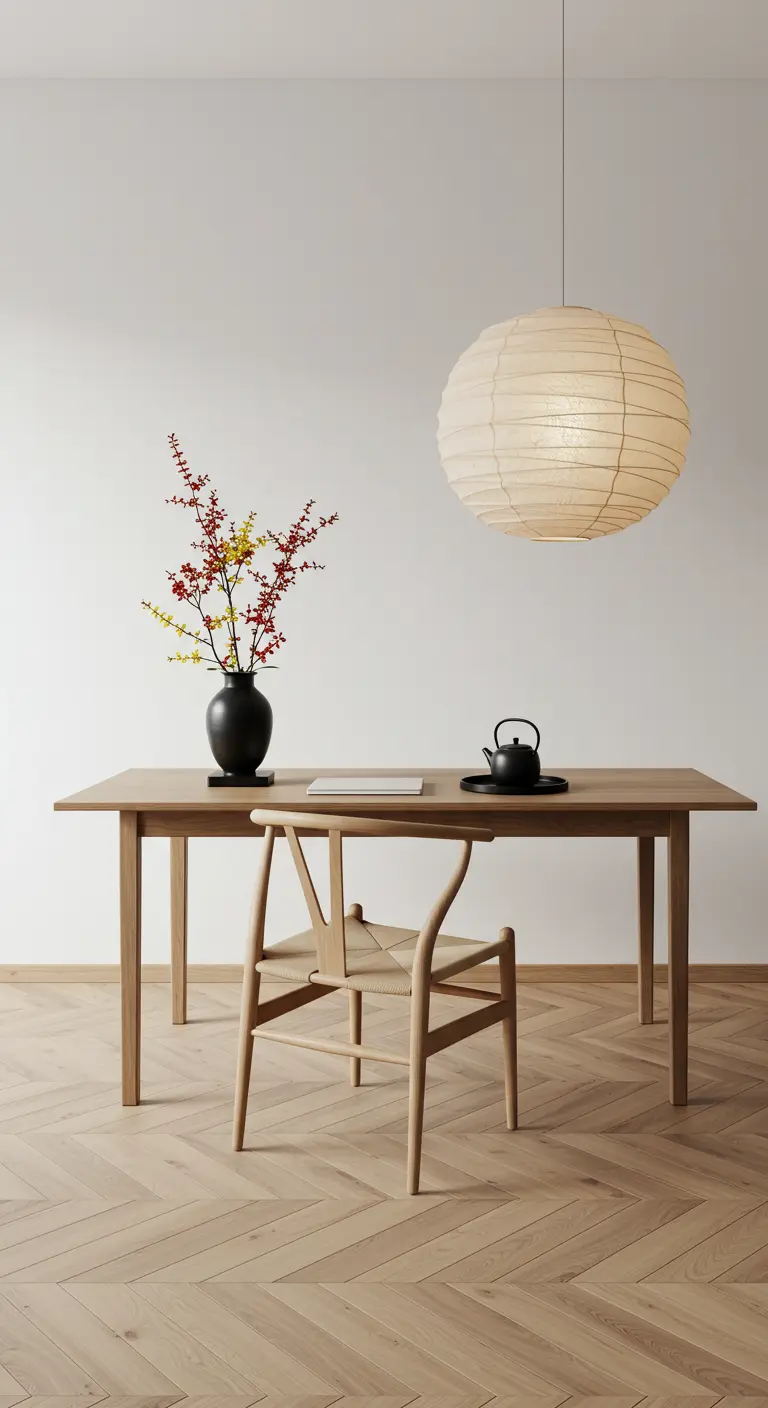 Table en bois servant de bureau avec une chaise Wishbone et une suspension boule en papier.