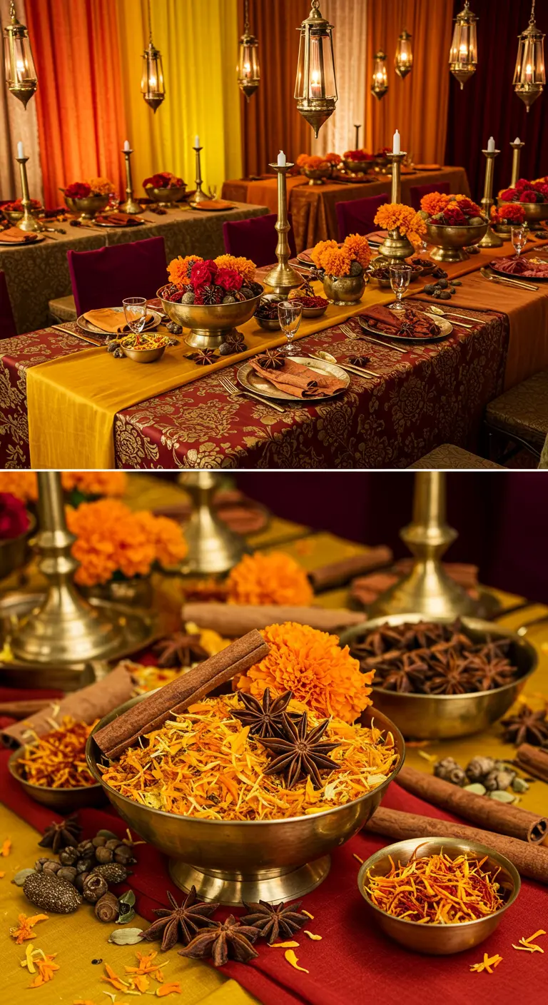 Centre de table avec des coupelles en laiton remplies d'épices et de fleurs.