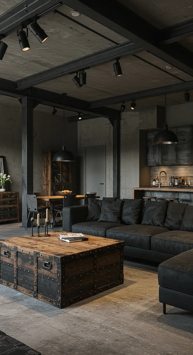 Salon avec plafond en béton, grand canapé en cuir, table basse coffre en bois et métal, et cuisine ouverte.