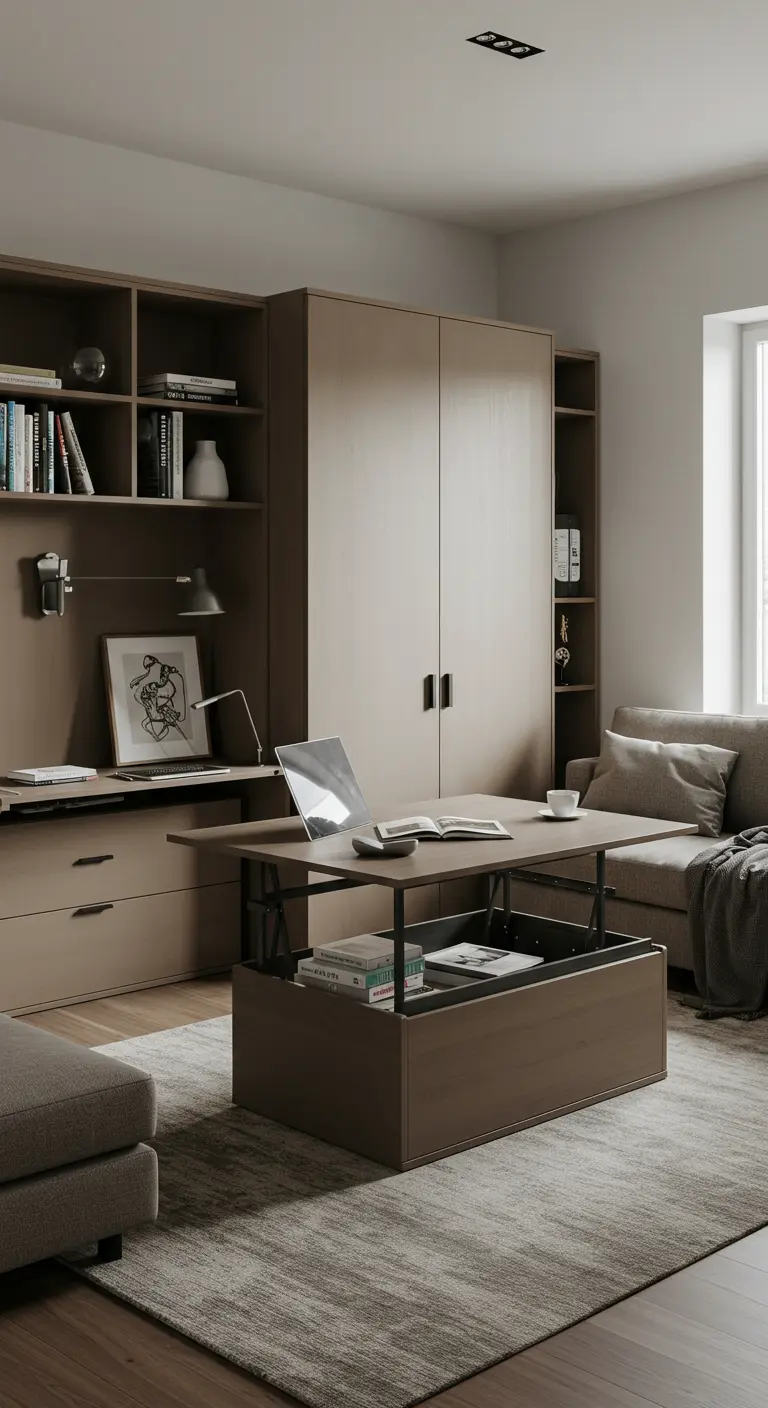 Salon moderne avec table basse relevable transformée en bureau et rangements intégrés.