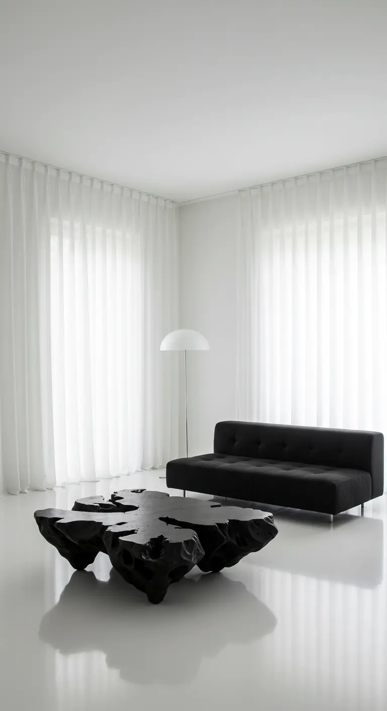 Salon entièrement blanc avec un canapé noir et une table basse noire sculpturale et organique.