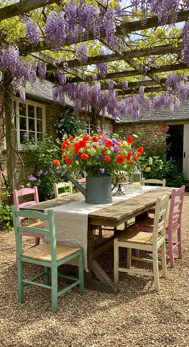 Table à manger en bois sous une pergola de glycine, chaises colorées.