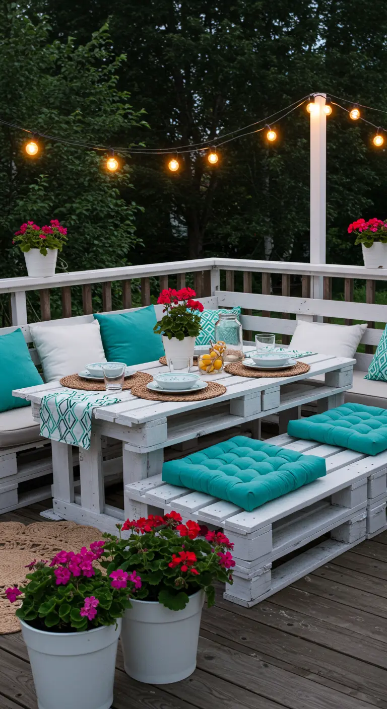 Salle à manger extérieure en palettes blanches avec coussins turquoises, guirlandes lumineuses.