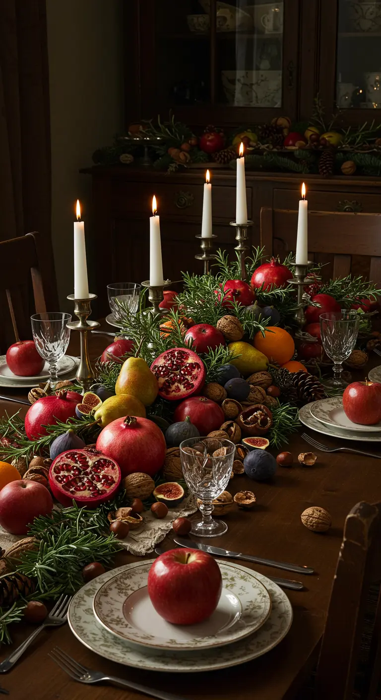 Table de fête somptueuse décorée de grenades, pommes, poires, noix et branches de romarin.