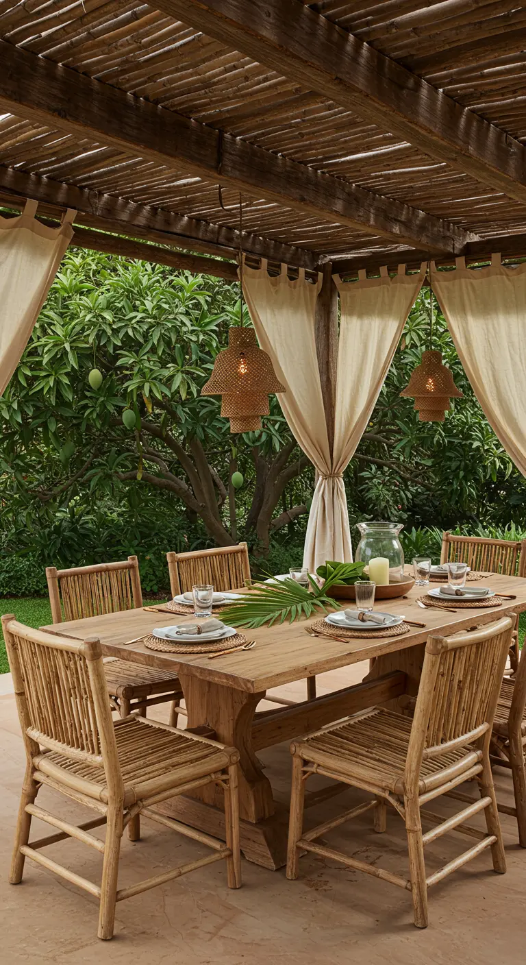 Grande table en bois et chaises en bambou sous une pergola avec voiles clairs et lanternes tressées.