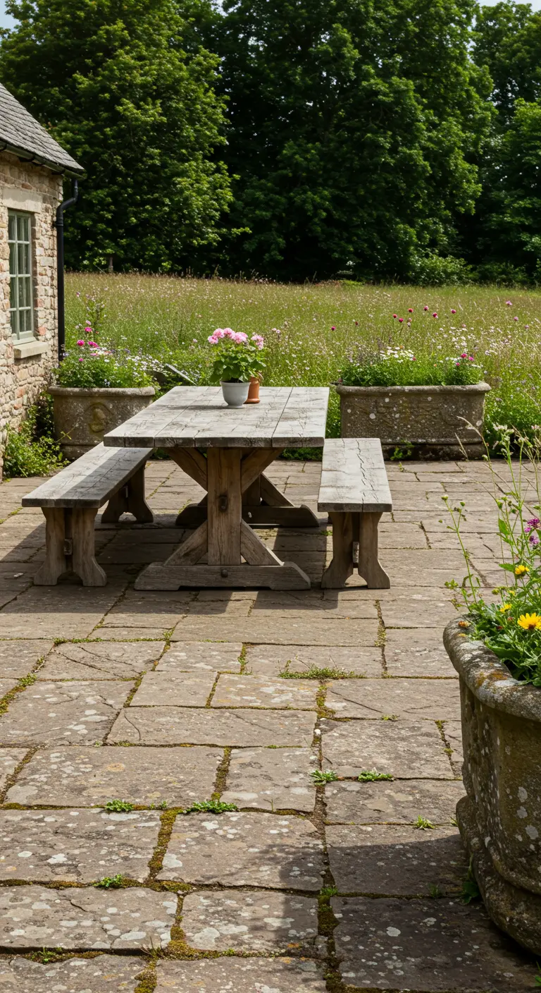 Grande table de pique-nique en bois vieilli sur une terrasse en pierre