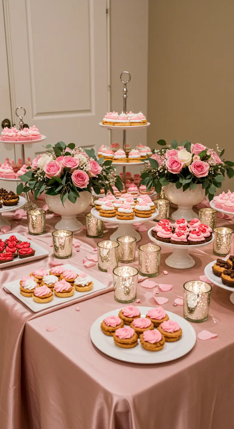Table de desserts rose avec des gâteaux, biscuits et des bouquets de roses.