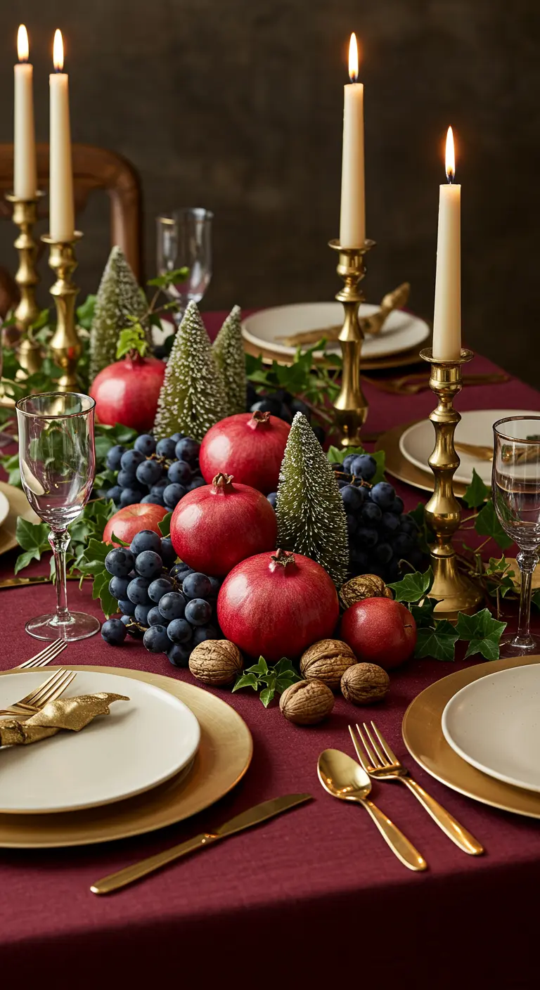 Centre de table somptueux composé de grenades, de raisins, de noix et de mini-sapins.