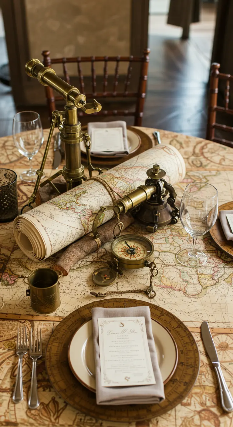 Centre de table sur le thème de l'exploration avec carte ancienne, longue-vue et boussole.