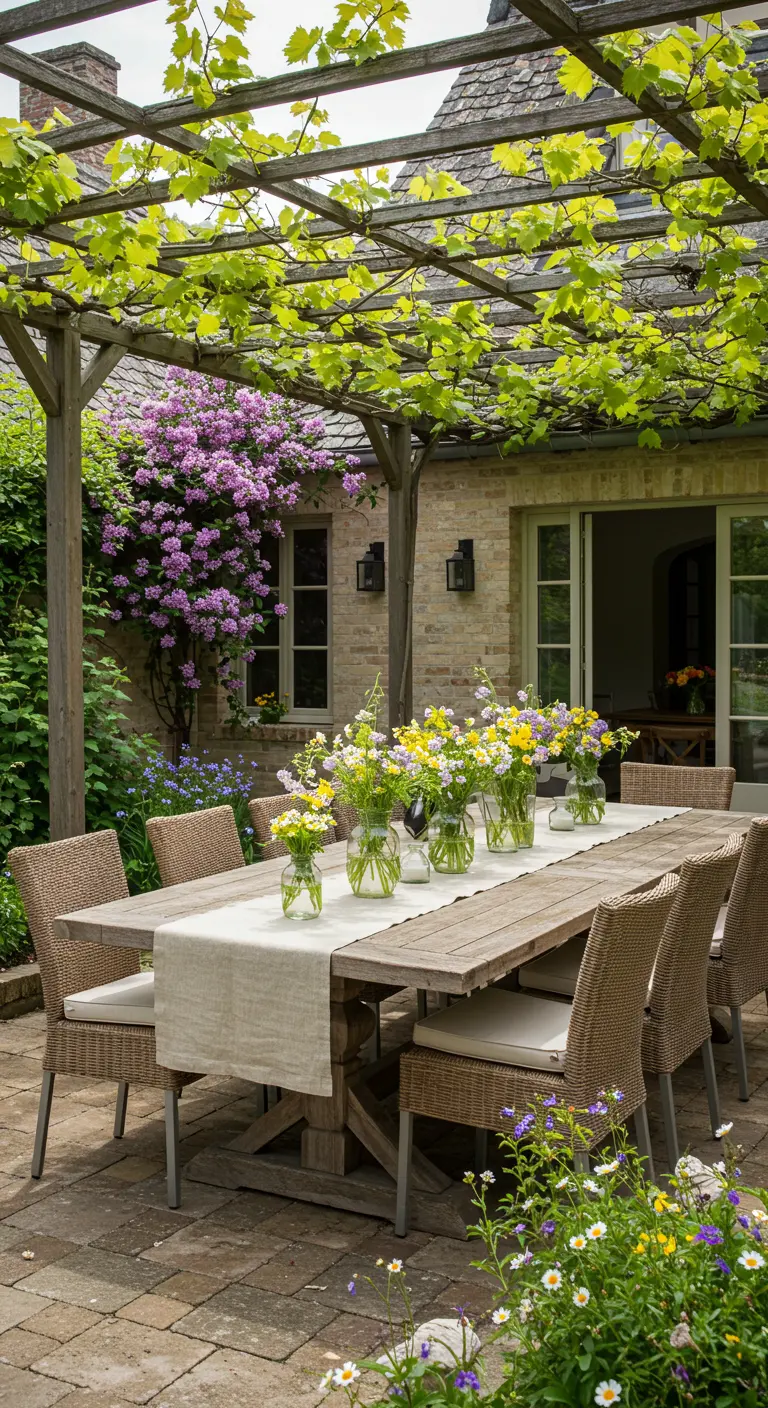 Table à manger en bois sous une pergola, décorée de multiples petits vases.