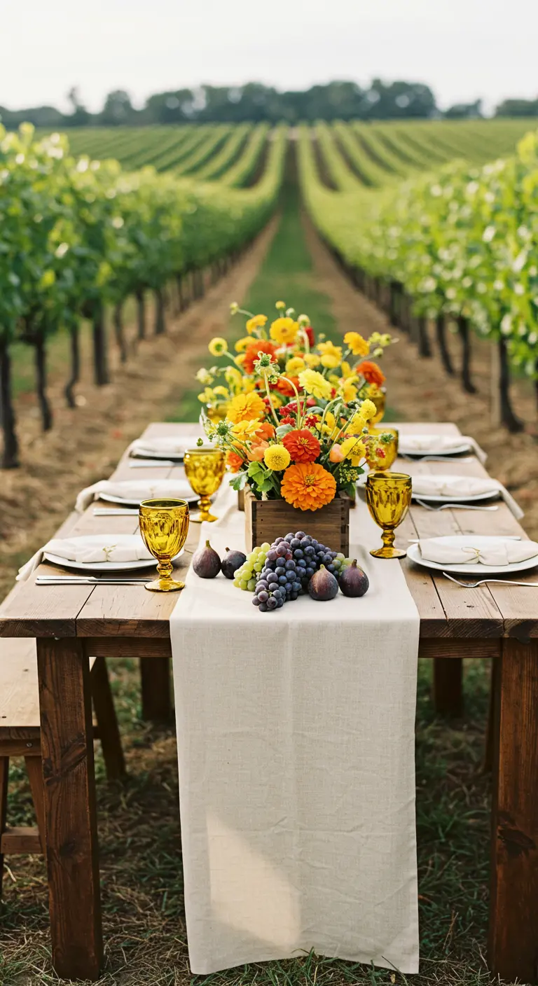 Table dans un vignoble avec chemin de table écru, fleurs orange, raisins et figues, verres ambrés.