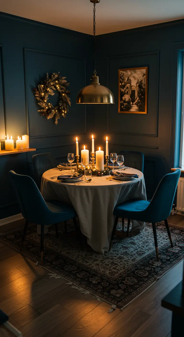 Table de salle à manger festive avec bougies, nappe claire et couronne illuminée
