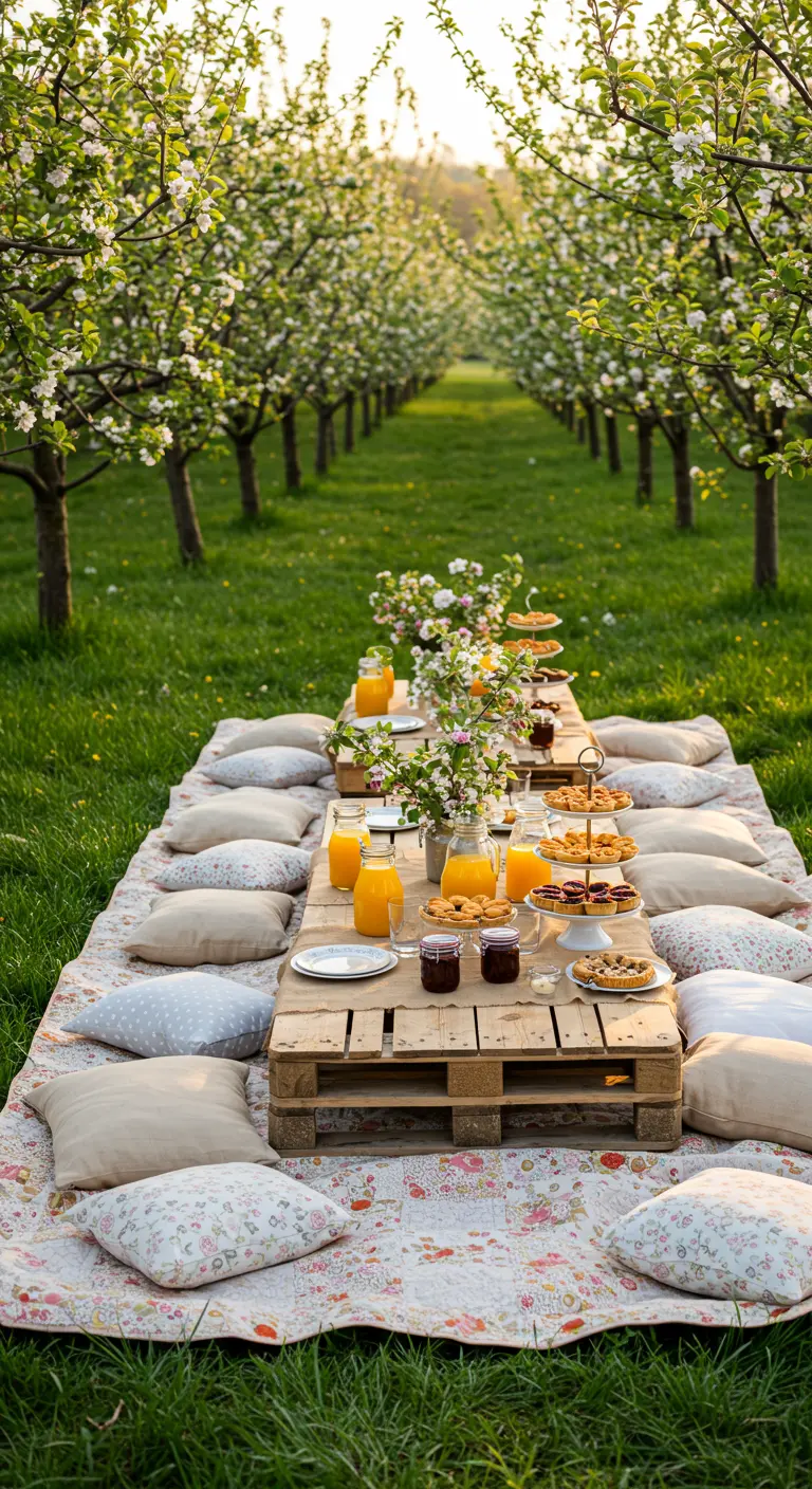 Table de pique-nique basse faite de palettes en bois dans un verger en fleurs.