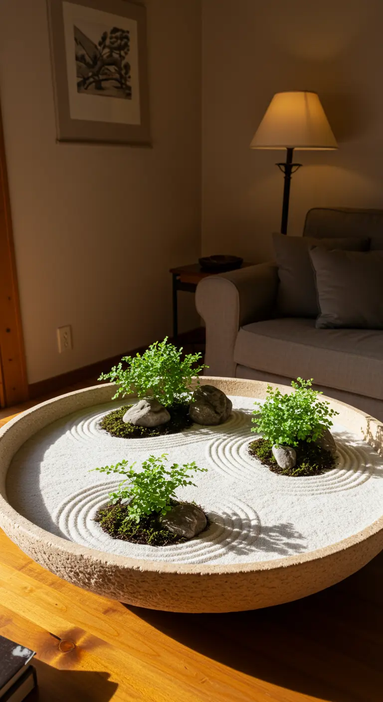 Une grande coupe en pierre sur une table servant de jardin zen avec sable, roches et petites fougères.