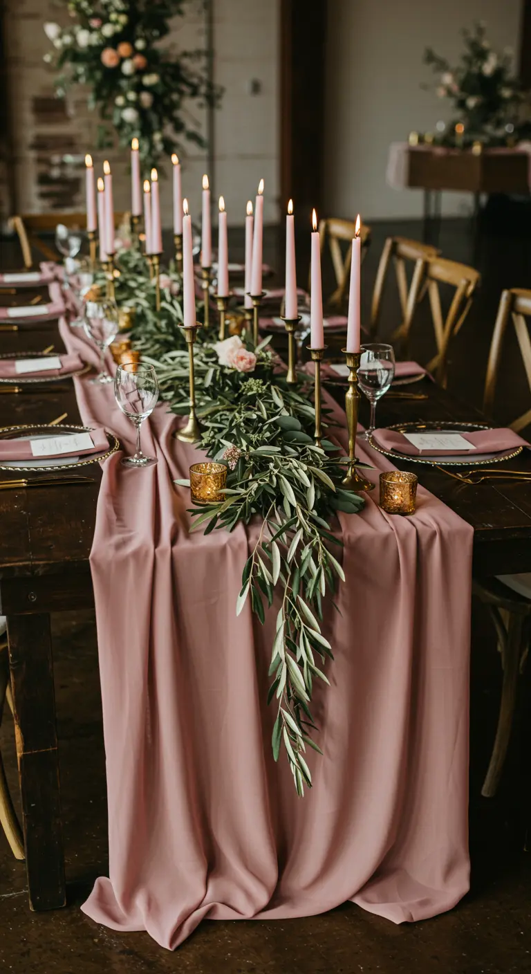 Longue table de fête avec une nappe rose, un chemin de table végétal et de hautes bougies.