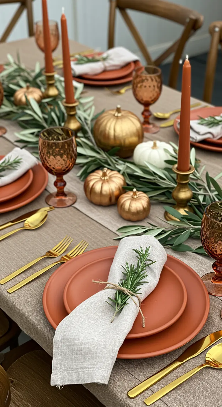 Mise en place de table avec assiettes terracotta, couverts dorés et romarin.