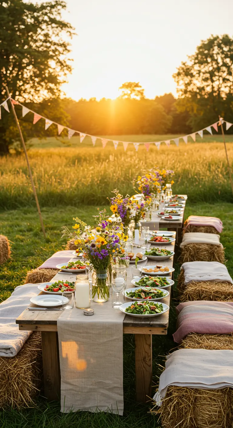 Longue table champêtre en bois avec bouquets sauvages et bottes de foin au coucher du soleil.