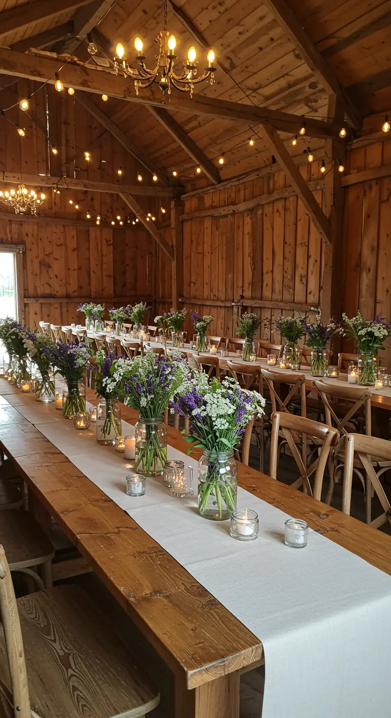 Longue table en bois avec bouquets de fleurs sauvages dans des bocaux en verre.