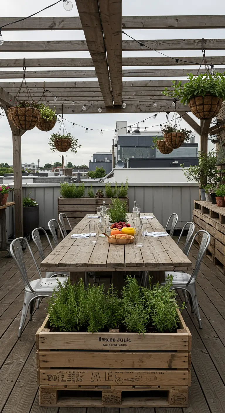 Grande table à manger en bois sur un toit-terrasse, entourée de jardinières en palette.