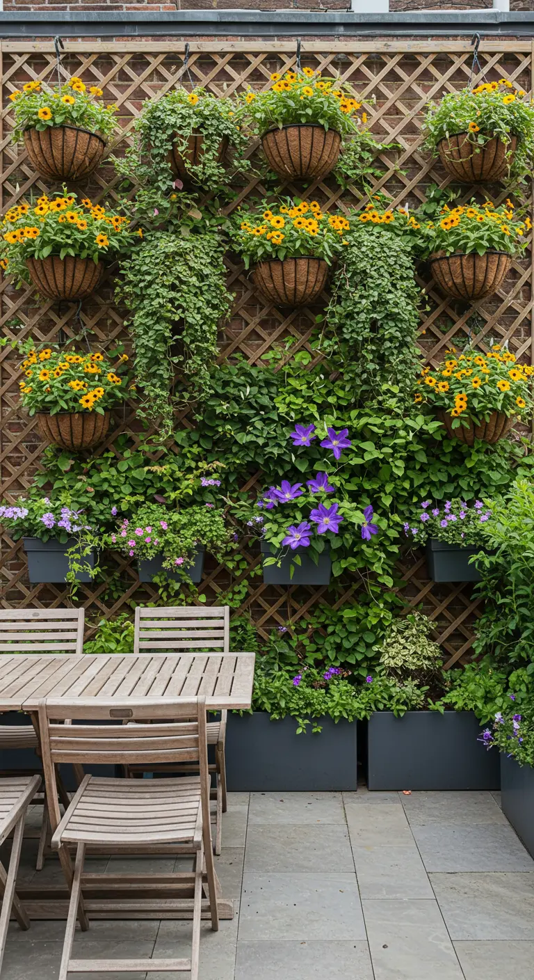Mur de treillage en bois couvert de paniers de fleurs jaunes et de clématites violettes.