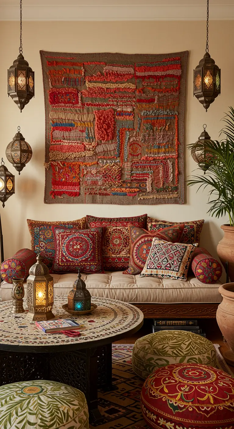 Grande tapisserie murale tissée, colorée et texturée, avec motifs ethniques, au-dessus d'un divan.