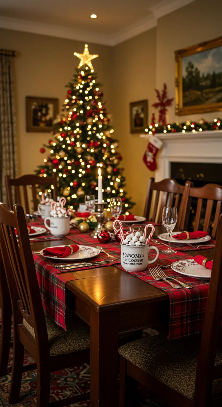 Table de Noël traditionnelle avec des tasses remplies de guimauves et cannes en sucre.