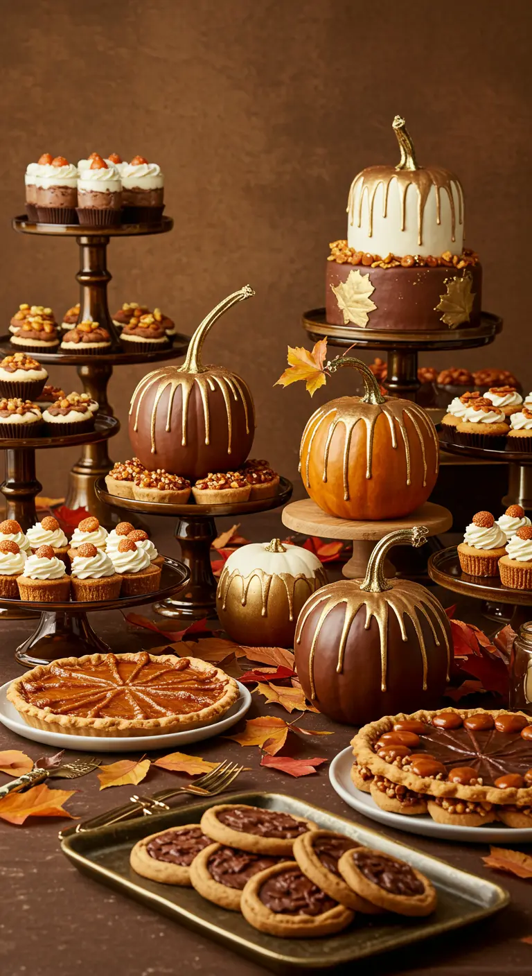Table de desserts avec des gâteaux et des citrouilles peintes avec un effet de caramel doré dégoulinant.