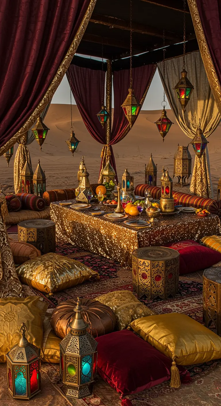 Tente marocaine luxueuse dans le désert avec draps pourpres/dorés, coussins et lanternes colorées.