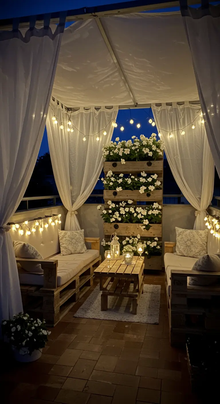 Salon de jardin en palette sous un auvent de voilages blancs illuminé de guirlandes.
