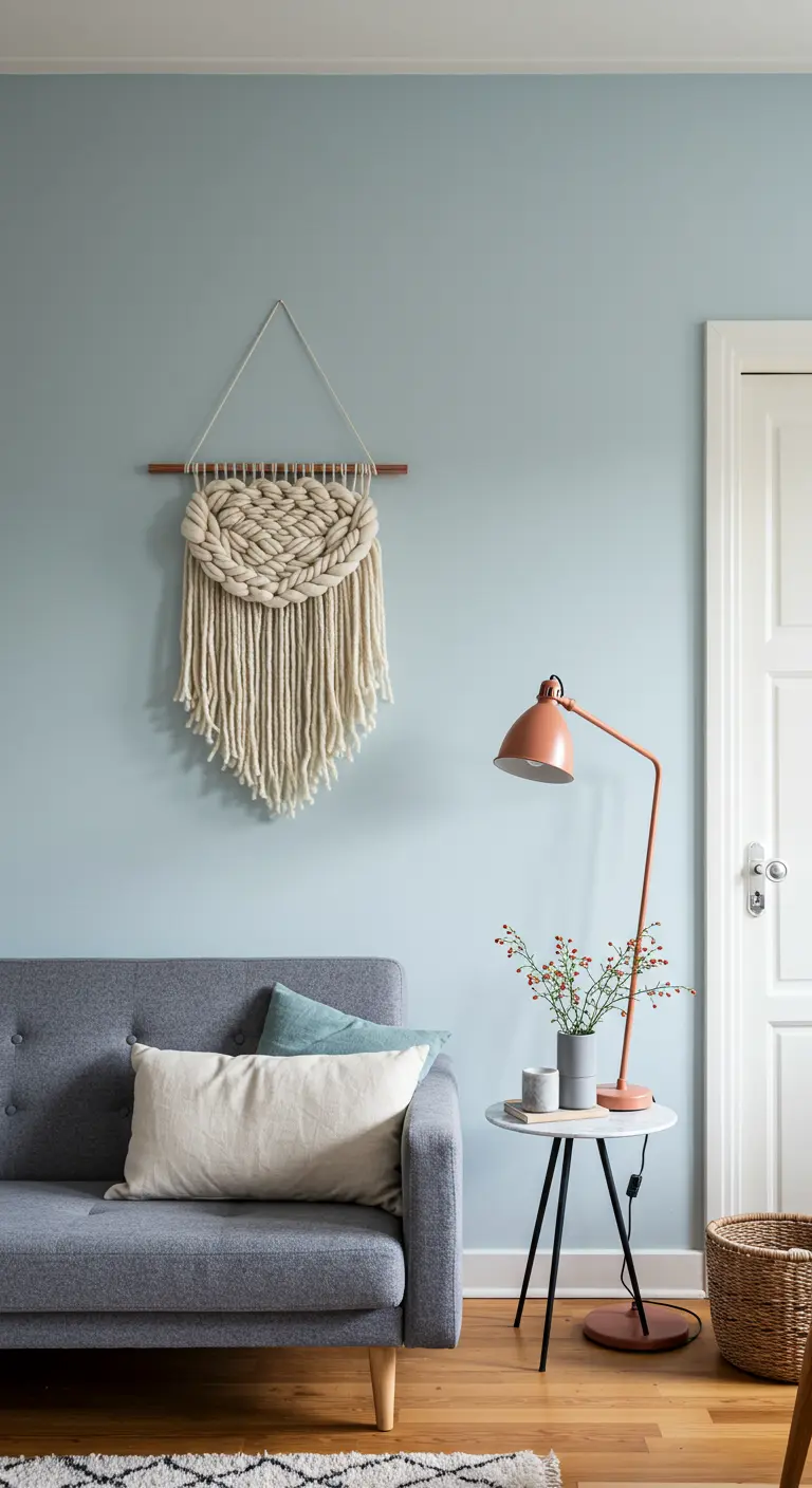 Tenture murale en grosse laine écrue tressée, suspendue sur un mur bleu-gris au-dessus d'un canapé.