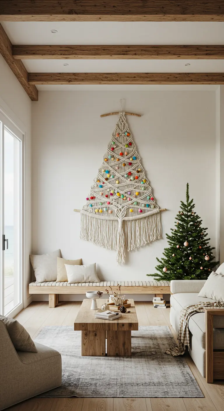 Sapin mural en macramé blanc décoré de boules multicolores dans un salon lumineux.