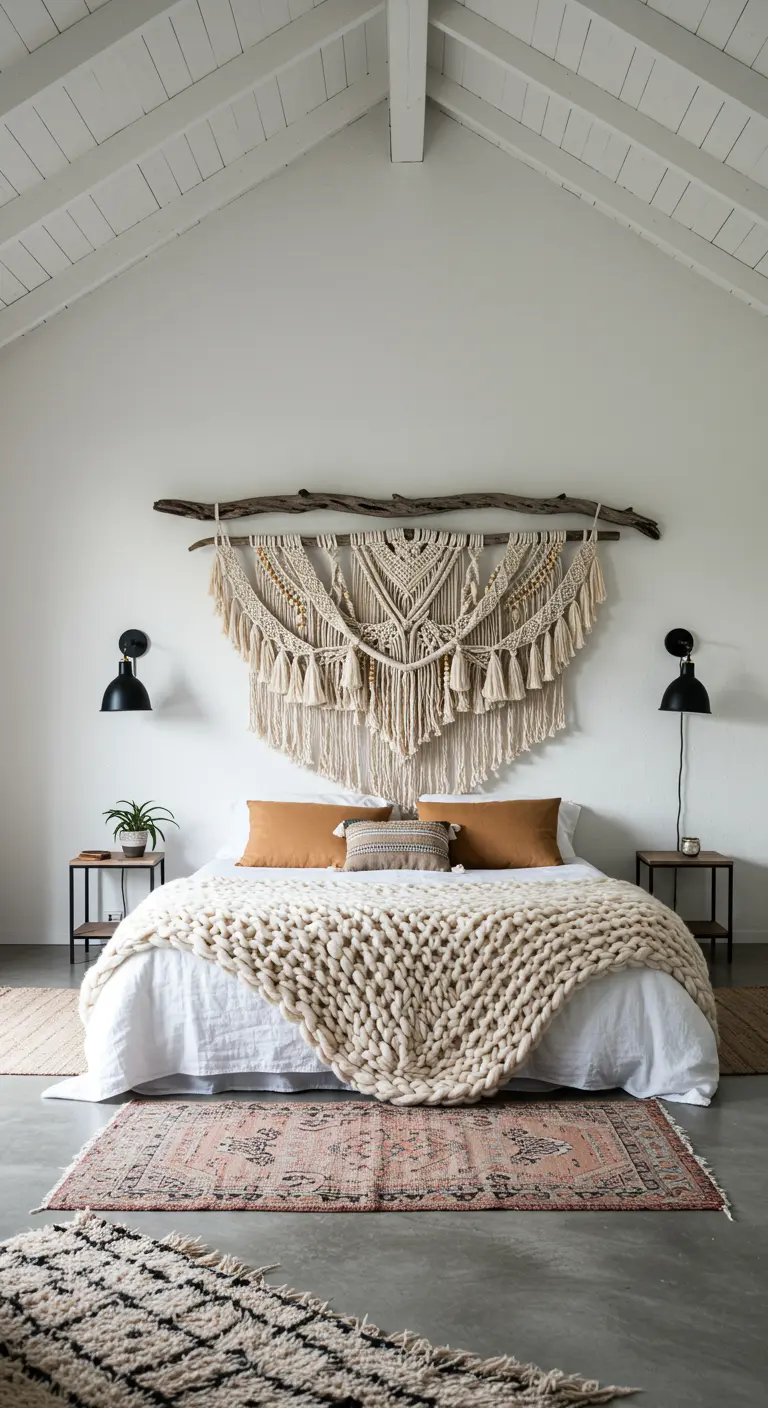 Grande tenture murale en macramé servant de tête de lit dans une chambre épurée.