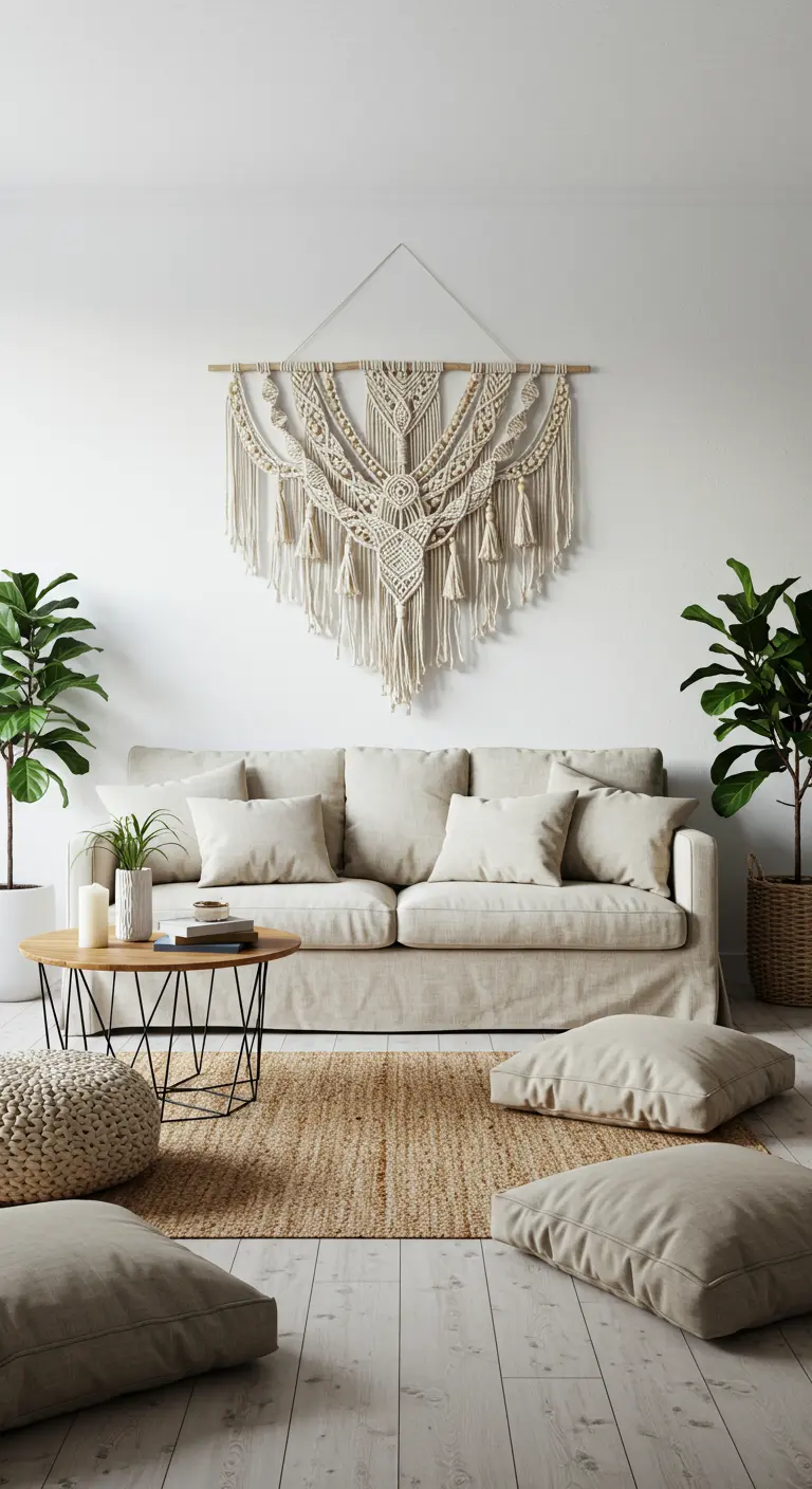 Grande tenture murale en macramé écru suspendue au-dessus d'un canapé beige dans un salon lumineux.