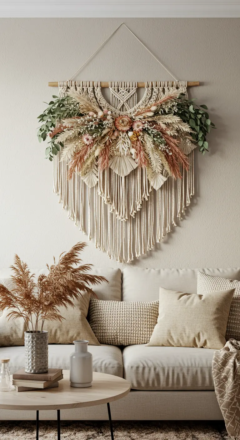 Grande tenture murale en macramé ornée d'une composition de fleurs séchées au centre.