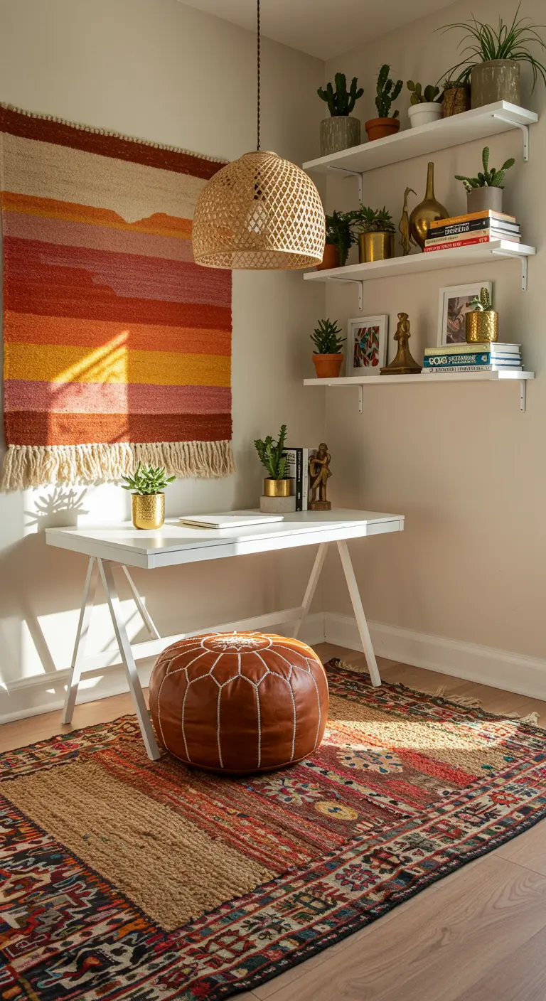 Coin bureau avec tapisserie murale colorée, bureau blanc et pouf en cuir.
