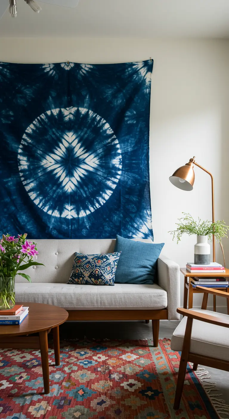 Grande tenture murale indigo teinte selon la technique du shibori, avec un motif circulaire blanc.