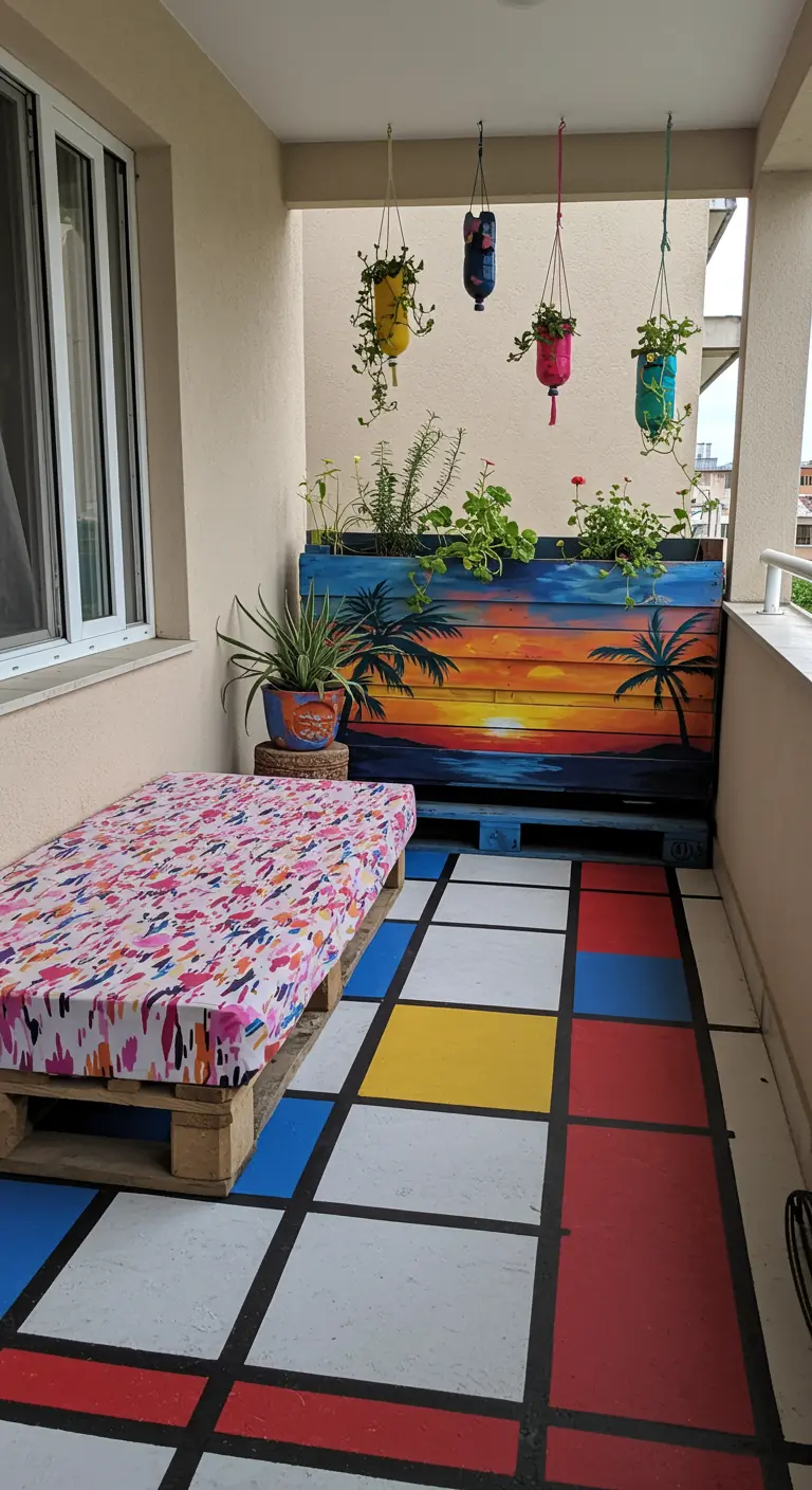 Balcon avec un sol peint à la Mondrian, un lit de repos en palette et des jardinières recyclées.