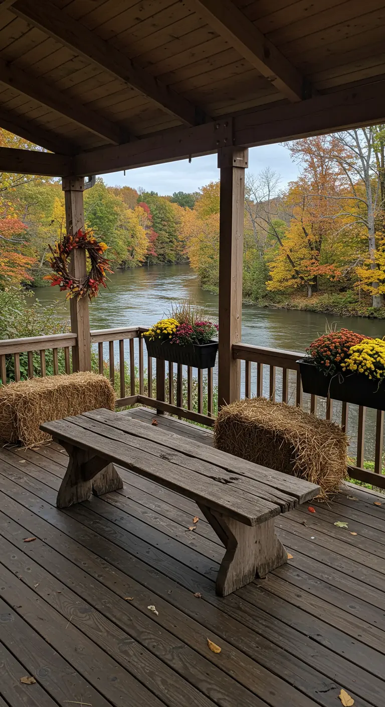 Terrasse en bois surplombant une rivière entourée d'arbres aux couleurs automnales, avec un banc rustique, bottes de paille et jardinières.