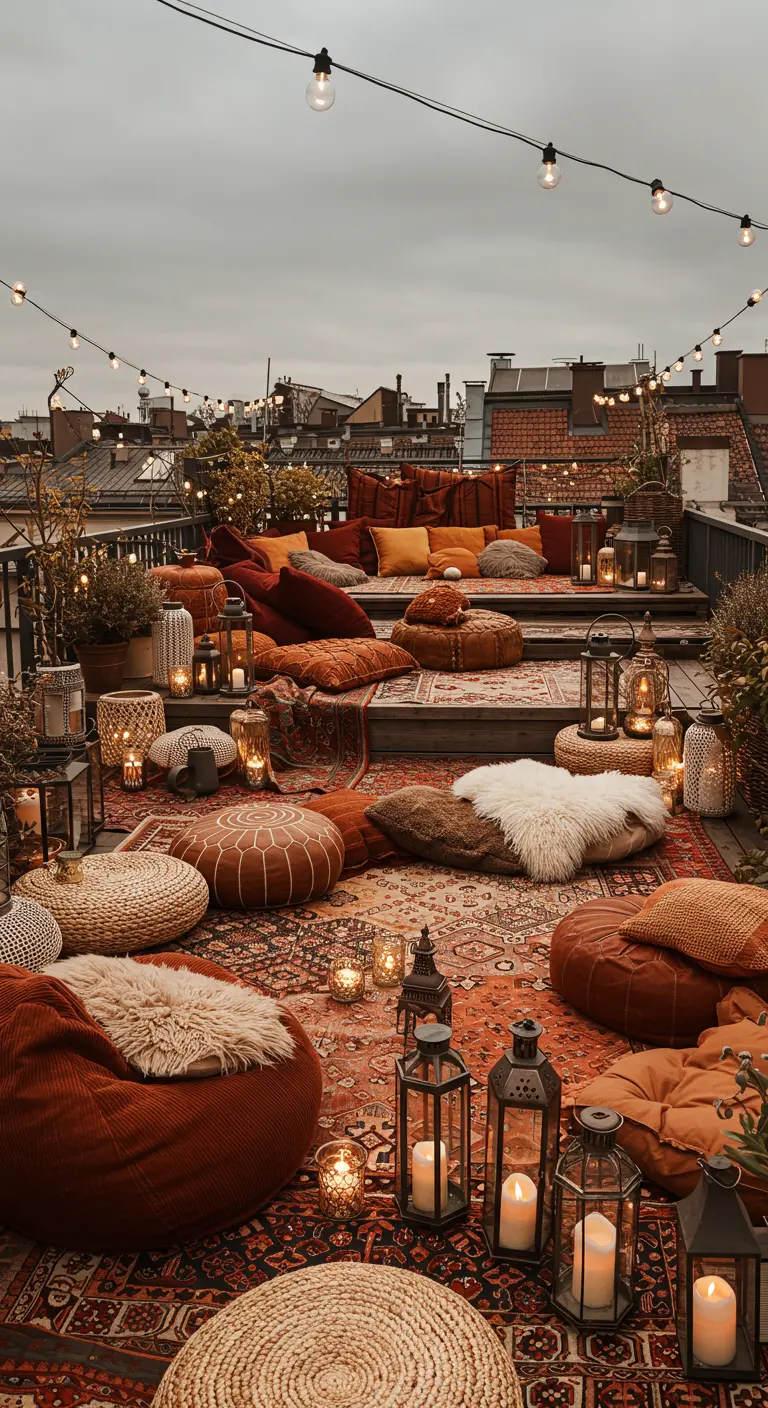 Toit-terrasse bohème avec tapis superposés, coussins de sol, poufs, plaids en fausse fourrure et lanternes variées.